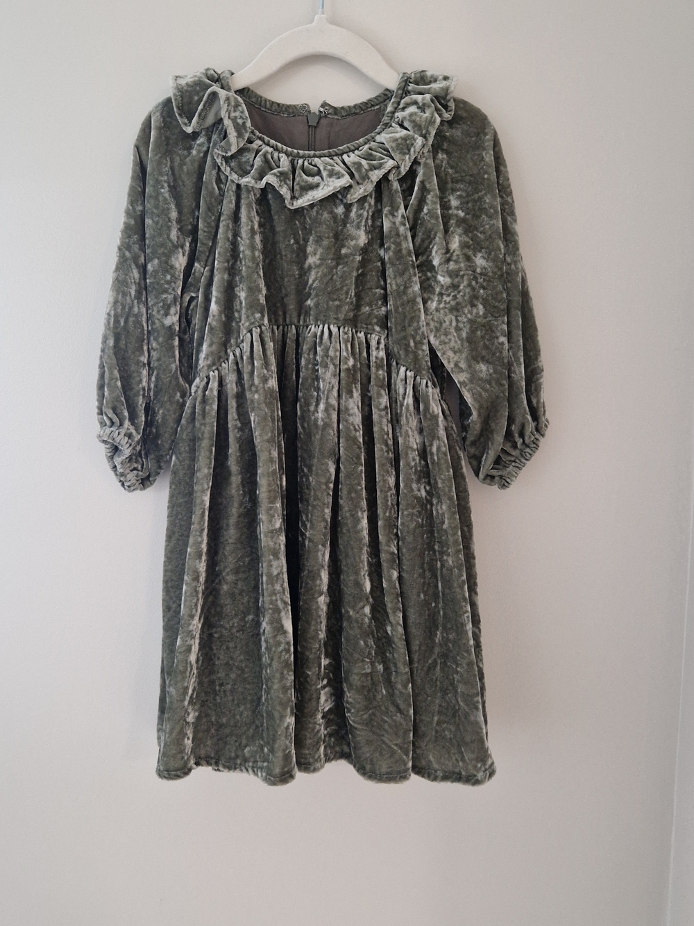 Velvet Ruffle Collar Girls' Dress in Olive Green